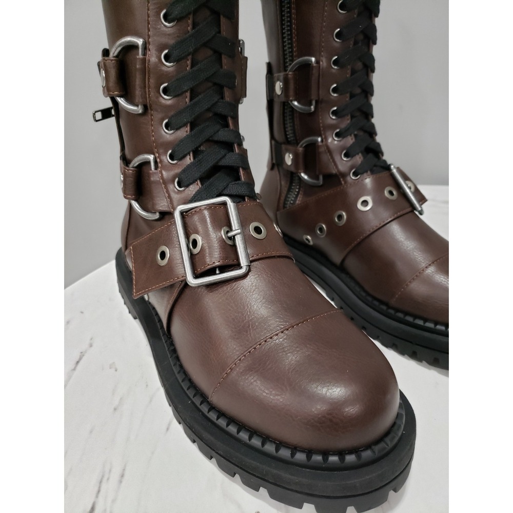 SIZE 9 Dolls Kill Club Exx COMBAT BOOTS STEAMPUNK cyberpunk gothic strappy brown - Picture 3 of 16